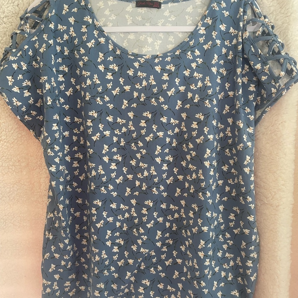 Blue Ruffled Blouse with Floral Print